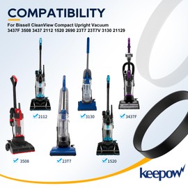 KEEPOW 3437F Vacuum Belts Replacement Compatible with Bissell CleanView Compact Upright Vacuum 3437F, 3437, 3508, 2112, 21129, 2690, 1520, 23T7, 23T7V, 3130,1831, 1816, Part #1604895 2037034, 2 Pack