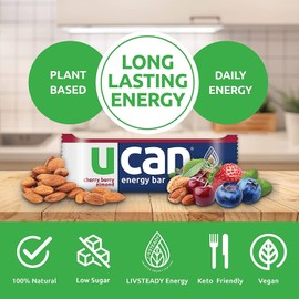 UCAN Energy Bars | Low Sugar, Low Calories | Gut Friendly, Caffeine-Free, Vegan, Non-GMO, No Soy, Keto Friendly | Running, Cycling, Fitness, Pre & Post Workout | Cherry Berry 12 Count