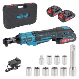 3/8'' Cordless Ratchet Wrench, 74FT-LBS (100N.m) Electric Ratchet with 21V 2 X 2.0Ah Battery, 400 RPM Chargeable Power Ratchet Driver Set with 8 Sockets,1/4 Adaptor, 3" Extension Bar，Brushless Motor