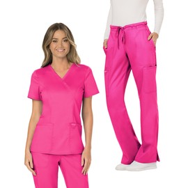 Cherokee Scrub Set for Women Modern Classic Fit Mock Wrap Top WW610 with Mid Rise Moderate Flare Drawstring Pant-WW120, Electric Pink- S Top/S Pant