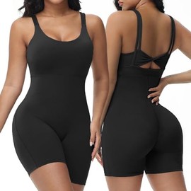 Wenlia Women's One Piece Jumpsuit Sleeveless Short Bodycon Rompers Back Knotted Yoga Workout Bodysuit