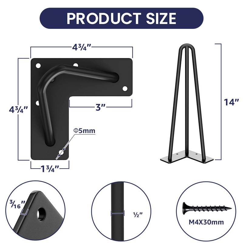 SMARTSTANDARD 14 Inch Hairpin Table Legs, 3 Steel Rods 1/2