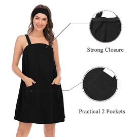 Verve Jelly Women Shower Wrap Lightweight Spa Bathrobe Comfortable Bath Towels Body Wrap with Adjustable Headband Towel Set Black L