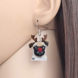 WEVENI Acrylic Christmas Antlers Pug Dog Earrings Dangle Drop Charm Pet Jewelry For Women Party Gift (Black)