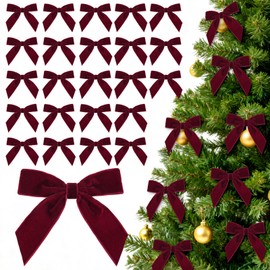 Hekocap 24Pcs Burgundy Christmas Tree Bows - 3.5'' Burgundy Velvet Bows for Christmas Tree Decorations, Velvet Ribbon Bow for Wreaths, Garland, Gift Wrapping & Holiday Home Decor