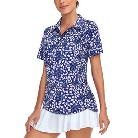 Tanst Sky Womens Golf Shirts, Loose Fit Short Sleeve Golf Polo Apparel 1/4 Zip Up Tennis Workout Tops Dry Fit Moisture Wicking Gym Collared Tshirt Quarter Zip Pullover Blue White Leaf XL