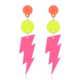 Multicolor Retro 80's 90's Neon Earrings, Exaggerated Lightning Bolt Dangle (Rose Red)