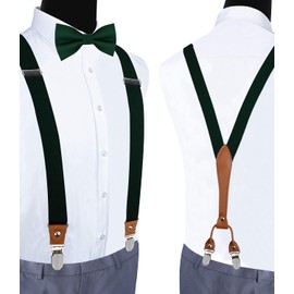 Y-Back Men's Elastic Dark Green Suspenders and Bowtie Set for Wedding Formal Events (0103-09)
