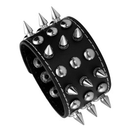 Milakoo Unisex Black Metal Spike Riveter Punk Rock Biker Wide Strap Leather Bracelet Necklace Bracelet Adjustable, Base Metal