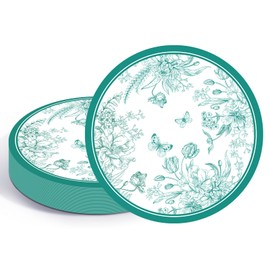 50 Pieces 13" Green Floral Butterfly Place Mats Disposable Round Paper Table Mats Chinoiserie Paper Placemat for Spring Table Setting Decorative Dining Party Supplies