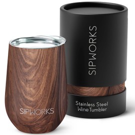 Sipworks Wine Tumbler with Lid - 12 oz Stainless Steel Insulated Wine Tumbler – Portable Spill Resistant Stemless Travel Wine Glass & Cocktail Cup - Mahogany