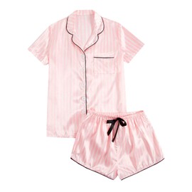 Celucke Women's Silk Satin Pajama Set, Comfortable Sleepwear Soft Short Sleeve Button Up Top with Shorts for Nightwear, Satin Pyjamas For Women, Pj Shorts Set, Ladies Comfort Lounge Wear Light Pink