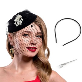 Bohend Fascinator Hat Flower Feather Veil Vintage Derby Hat Tea Party Wedding Hair Accessories with Pearl for Women and Girls, black
