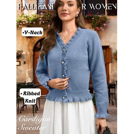 EHSUYAB Womens Trendy Ribbed Knit Cardigan Sweater, Pearl Button V Neck Ruffle Long Sleeve, Fall Winter Casual Outfits Work Blue Small