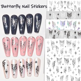 Butterfly Nail Art Stickers Decals, Silver Black White Laser Butterflies Nail Transfer Decal Acrylic Supplies, 3D Butterfly Nail Self-Adhesive Sticker Designs for Women Girls Manicure Tips Decorations