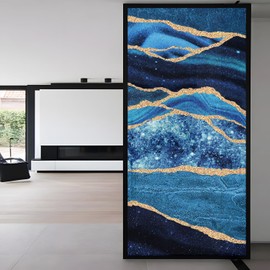 LiveInUrban Original Hand Drawn Marble Frosted Texture Privacy Window Film, Static Cling Double-Sided Glass Covering Decor for Bathroom Living Room, Indigo Blue Agate Galaxy 33.8"X78.7"