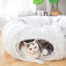 LUCKITTY LUCKITTY Warm Fluffy Plush Cat Dog Tunnel Bed with Washable Cushion-Big Tube Playground Toys 3 FT Diameter Longer Crinkle Collapsible 3 Way, for Indoor Cat Kitty Kitten Puppy Rabbit Ferret White
