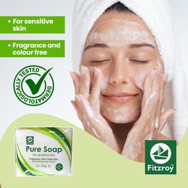 Fitzroy Pure Soap 6 x 125g | For Sensitive Skin | Fragrance Free & Colour Free | Hand, Face & Body Wash | Mens & Womens Cleansing Bath Bar | Vegetarian Friendly | Dermatologically Tested