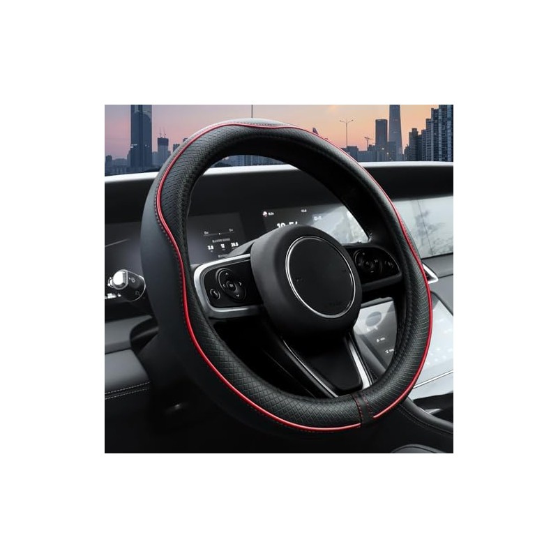 Ouzorp Cubierta duradera de piel para volante de coche, rojo