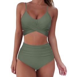 MAIABLEAU Bikini Sets for Women High Waist Bikini Bottom Bathing Suits Push Up Bikini Top Green L