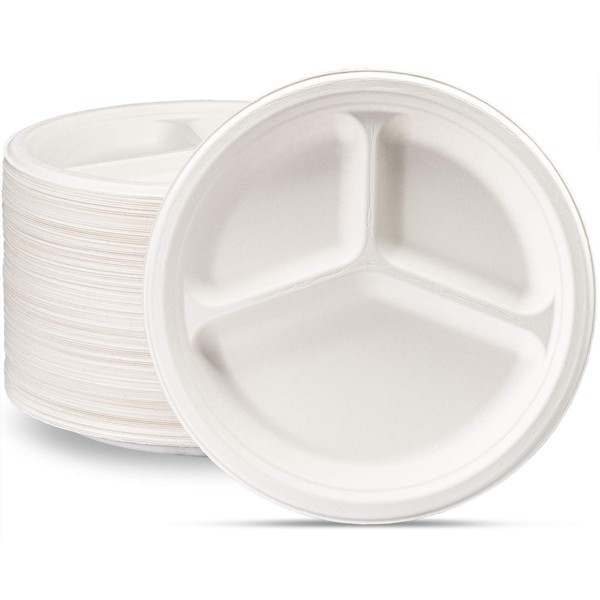 100% Compostable 10 Inch Heavy-Duty Plates [125 Pack] 3 Compartment Eco-Friendly Disposable Sugarcane Paper Plates