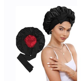 WABUYAO Satin Silk for Sleeping Silk Sleep Cap Double Layer Hair with Elastic Tie Band for Curly Hair Night Cap(Black+red)