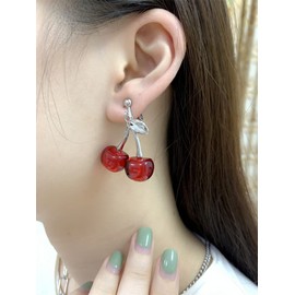 Cherry Fruit Statement Drop Dangle Clip On Earrings for Women Girls Stainless Steel Hypoallergenic No Piercing Ear Cuff Wrap Creative Red Acrylic Lightweight Charms Dangling Jewelry Gifts