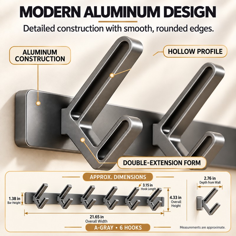 No-Drill Aluminum Wall Hooks for Clothes & Towels – 6-Hook