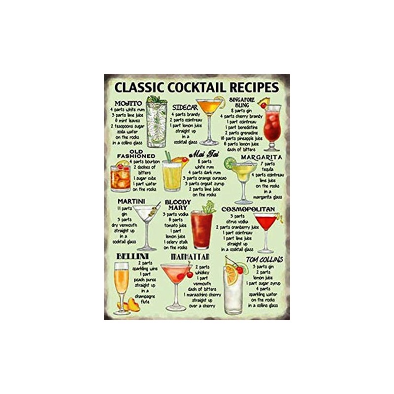 Classic Cocktail Recipes - Kitchen Pub, Retro Vintage Metal Tin