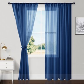 Hiasan Sheer Curtains for Bedroom with Tiebacks, Light Filtering and Breathable Voile Rod Pocket Window Curtains for Living Room, Nursery and Patio Door, Navy Blue, W52 x L84, 2 Panels