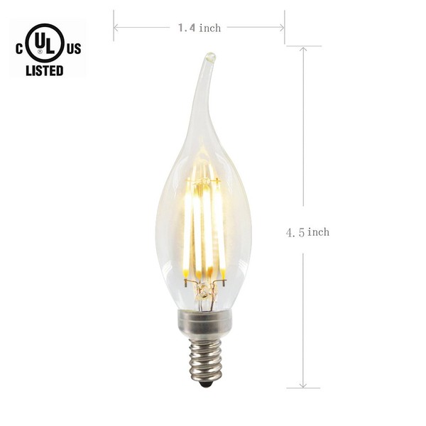 ZZ Lighting 4W LED Filament Flame Shape Bent Tip Candle Light Bulb 40W Incandescent Bulb Equivalent 2700K 320LM E12 Base(4W,3Pack)
