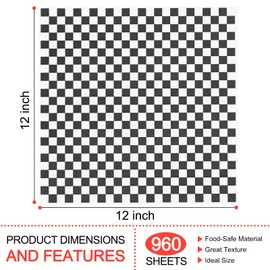 960 Pieces Deli Wax Paper Sheets 12 x 12 inches Checkered Sandwich Wrapping Paper Food Basket Liners for Food Serving, Party, Festival and Outdoors, Black