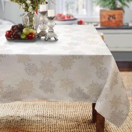 CAIT CHAPMAN HOME COLLECTION Holiday Silver Gold Snowflakes Metallic Jacquard Woven Tablecloth (70"x108" Tablecloth)