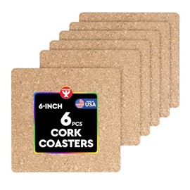 Hygloss Products Natural Cork Coasters - Eco Friendly Absorbent Square for Drinks, Trivets, and DIY Crafts, 3mm, 6 inch, Set of 6