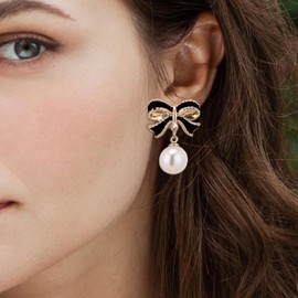 Wendalern Cute Pearl Bow Drop Earrings Black Bowknot Ribbon Stud Earrings White Pearl Bowtie Statement Earrings Christmas Party Jewelry for Women