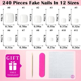 LoveOurHome 240pc White Press on Toenails Women Fake Toe Nails with Glue Tab, White Fake Toenail Press on Toes Nail Glue on Toenails Acrylic Toe Nail Tips Gel Artificial False Stick Toenail Tip