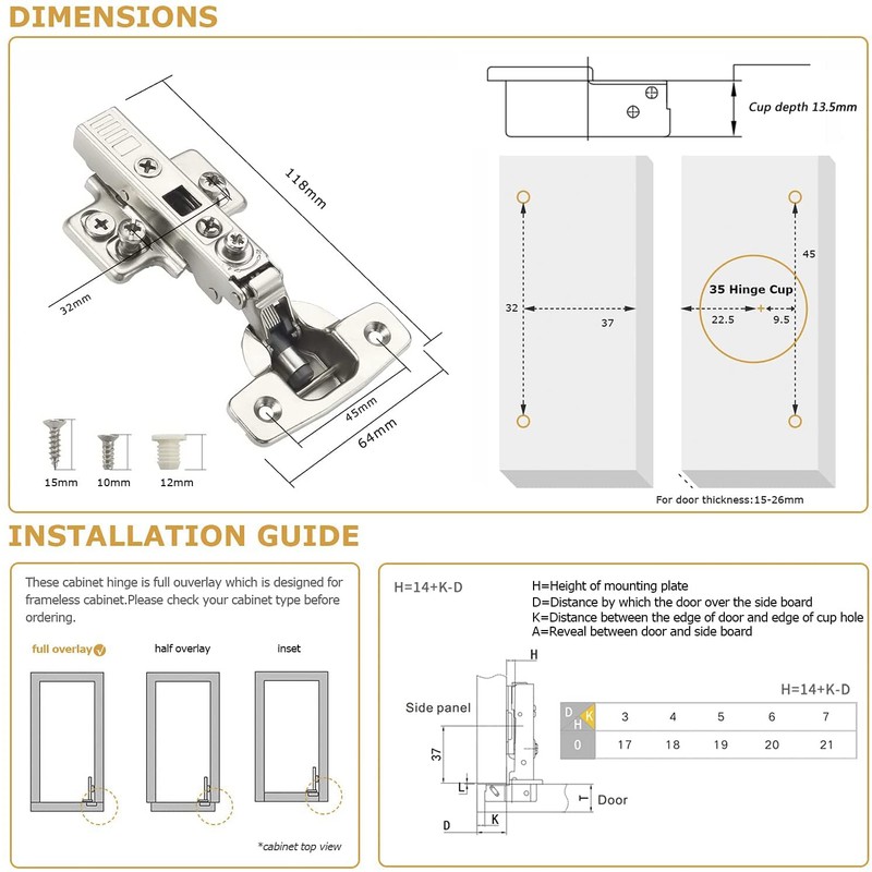 Furniware 6 Pieces Cabinet Hinges with Soft Close Cabinet Hinge