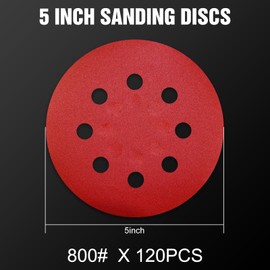 Pukamam 120 Pcs 5 inch Sanding Discs 800 Grit 8 Hole Hook and Loop Round Sandpaper for Random Orbital Sander