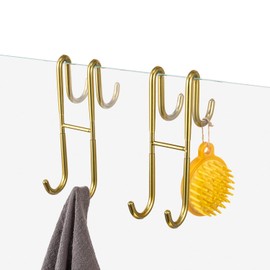 diyannuo 2 Pack Stainless Steel Shower Door Towel Hooks for Bathrooms, Over The Frameless Glass Shower Door Hook Bath Hook for Towels & Razor Holder Shower (Gold)