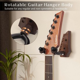 HGTC Rotatable Guitar Wall Mount Hanger, Natural Black Walnut Wood, Heavy-Duty Metal Frame, Universal Fit for Electric Guitars and Bass