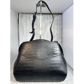 Rebecca JT-240323 Women's Design Bag, 2-Way Shoulder Included, Genuine Cowhide Leather, Crocodile-Embossed Crocodile-Embossed Lizard, Shrink, Handbag, Bag, Croc Embossed Black