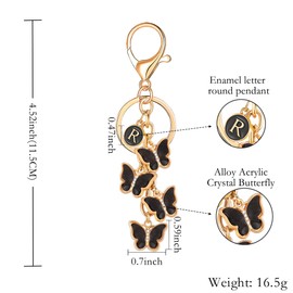 XGALBLA Black Cute Initial Letter R Keychain for Women, Butterfly Bag Charms Acrylic Crystal Butterfly Letter Keyring Purse Bag Accessories