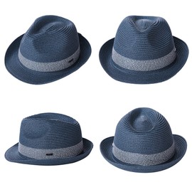 Comhats Mens Straw Trilby Hat Summer Fedora Hats Jazz Cap Cuban hat for Travel Beach Holiday Packabel Adjustable Navy Blue XL