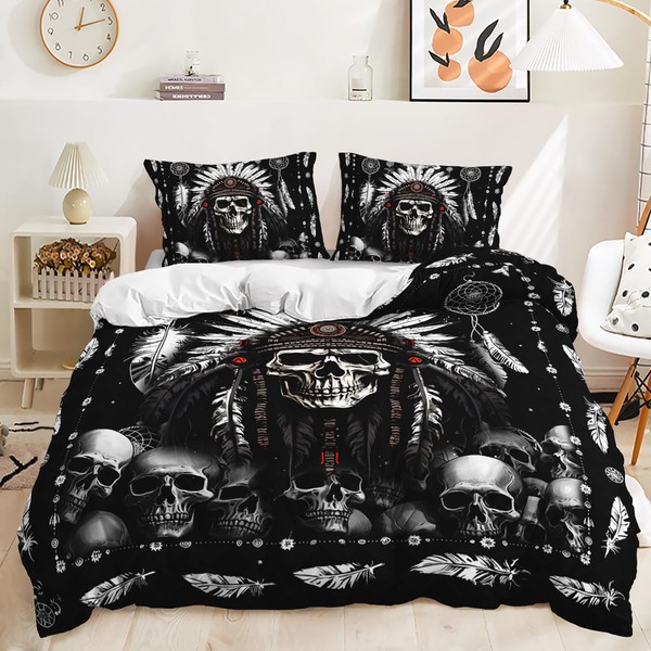AILONEN Black Whith Gothic Skull Duvet Cover Set King Size,Dreamcatcher
