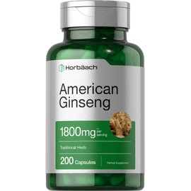 Horbäach American Ginseng Capsules | 200 Pills | Panax Quinquefolius Root | Non-GMO, Gluten Free Supplement