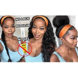 Emistar Curly Headband Wigs for Black Women Wet and Wavy Afro Headband Wig Water Wave Blend Human Hair & Synthetic Hair Ready to Go Glueless Half Wigs 180% Density (#1B, 10 Inch)