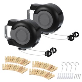 uxcell 2Pcs Retractable Double Clothesline Outdoor Indoor, 49Ft Heavy Duty PVC Clothes Line Retracting Laundry Line with 24 Pcs Clothespins for Wet Dry Clothing, Black