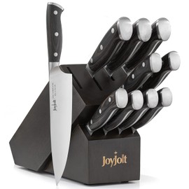 JoyJolt 11pc Kitchen Knife Set with Block. High Carbon, x50 German Steel Knives Set for Kitchen with Chef, Bread, Slicing, Nakiri, Utility, Paring and 4pc Steak Knife Set for Black Kitchen Decor