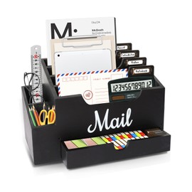 Niciksty Wood Desktop Mail Organizer, Mail Organizer Countertop with 6 Compartments and Drawer, Wood Mail Holder Office Accessories for File Letter Paper Folder, Black