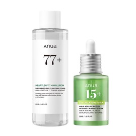 ANUA Dokdam 77 Soothing Toner 250ml + Azelaic Acid 15 Intense Calming Serum 30ml 2-Step Set (Toner + Serum) Oil and Water Balance Sebum Pore Care Cica Azelaic Serum for Unstable Skin, Combination Skin